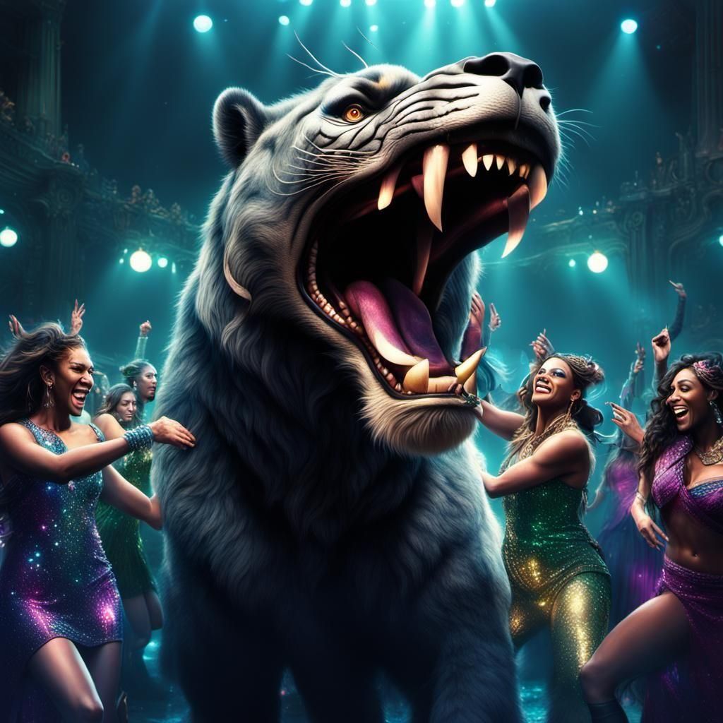 A massive wild beast enjoying a disco party with the girls.