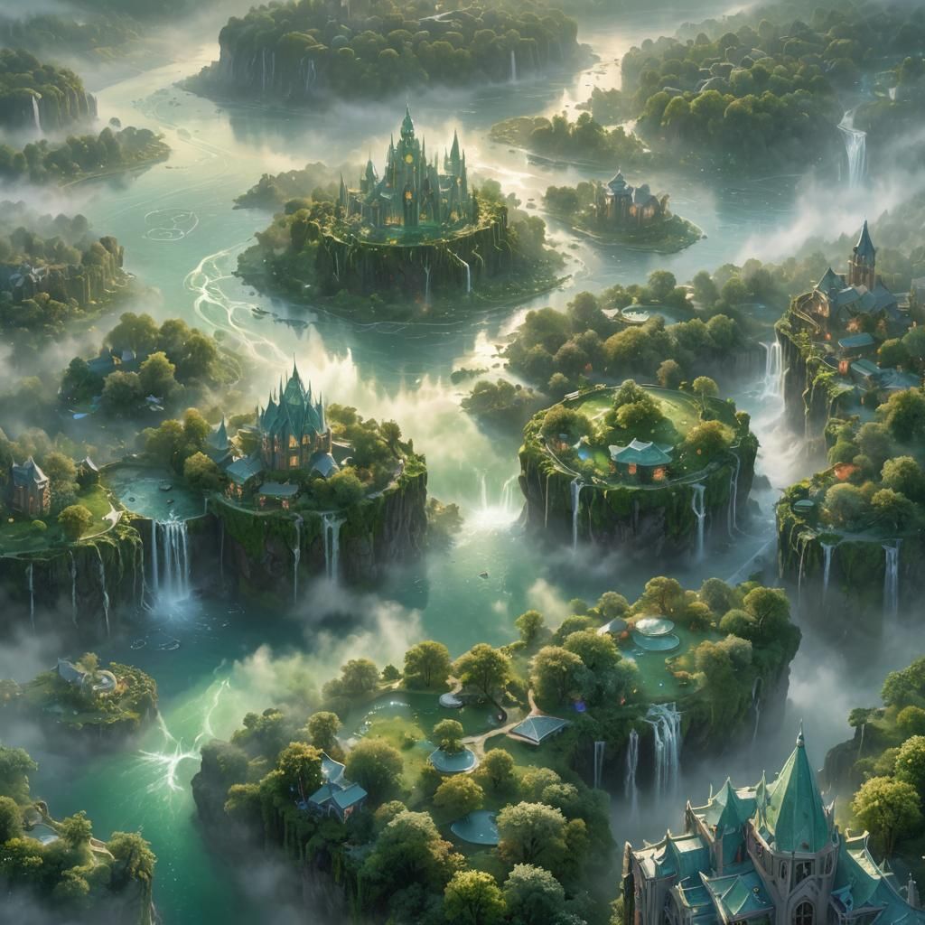 Ethereal Green City with Crystal Windows and Waterfalls