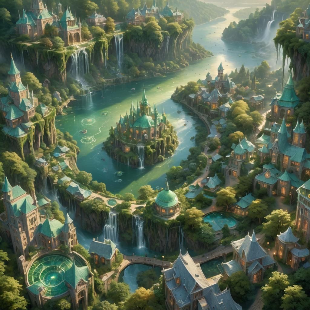 Ethereal Green City with Crystal Rivers, Hyperdetailed Fanta...