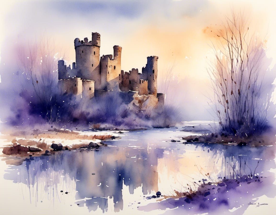 Morning Castle Ruin in Blue-Violet Misty Light