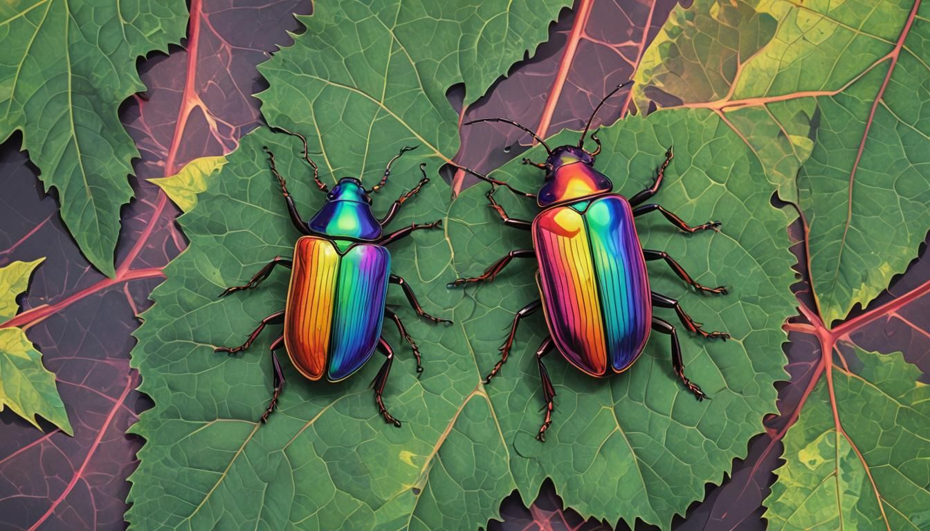 Rainbow Beetle on Leaf in Glitch Art Style