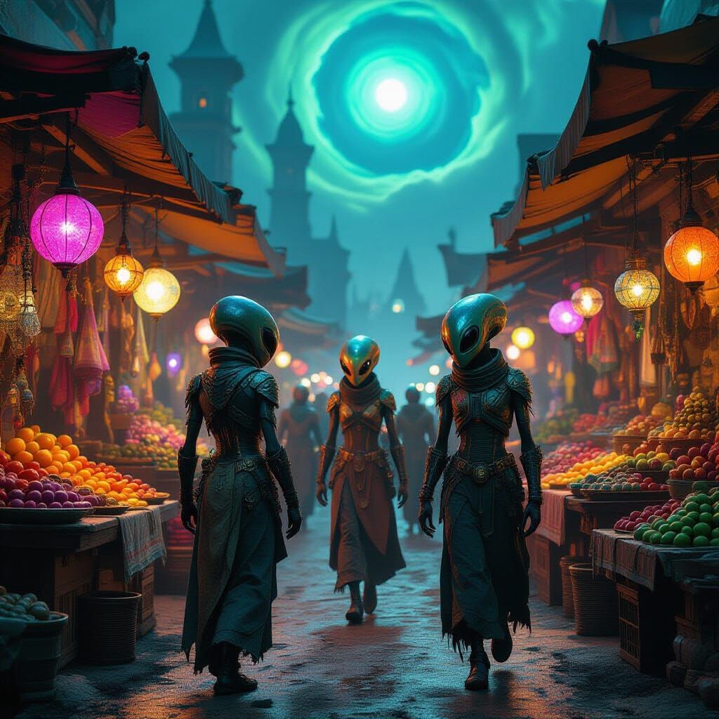 Alien Marketplace with Bioluminescent Goods