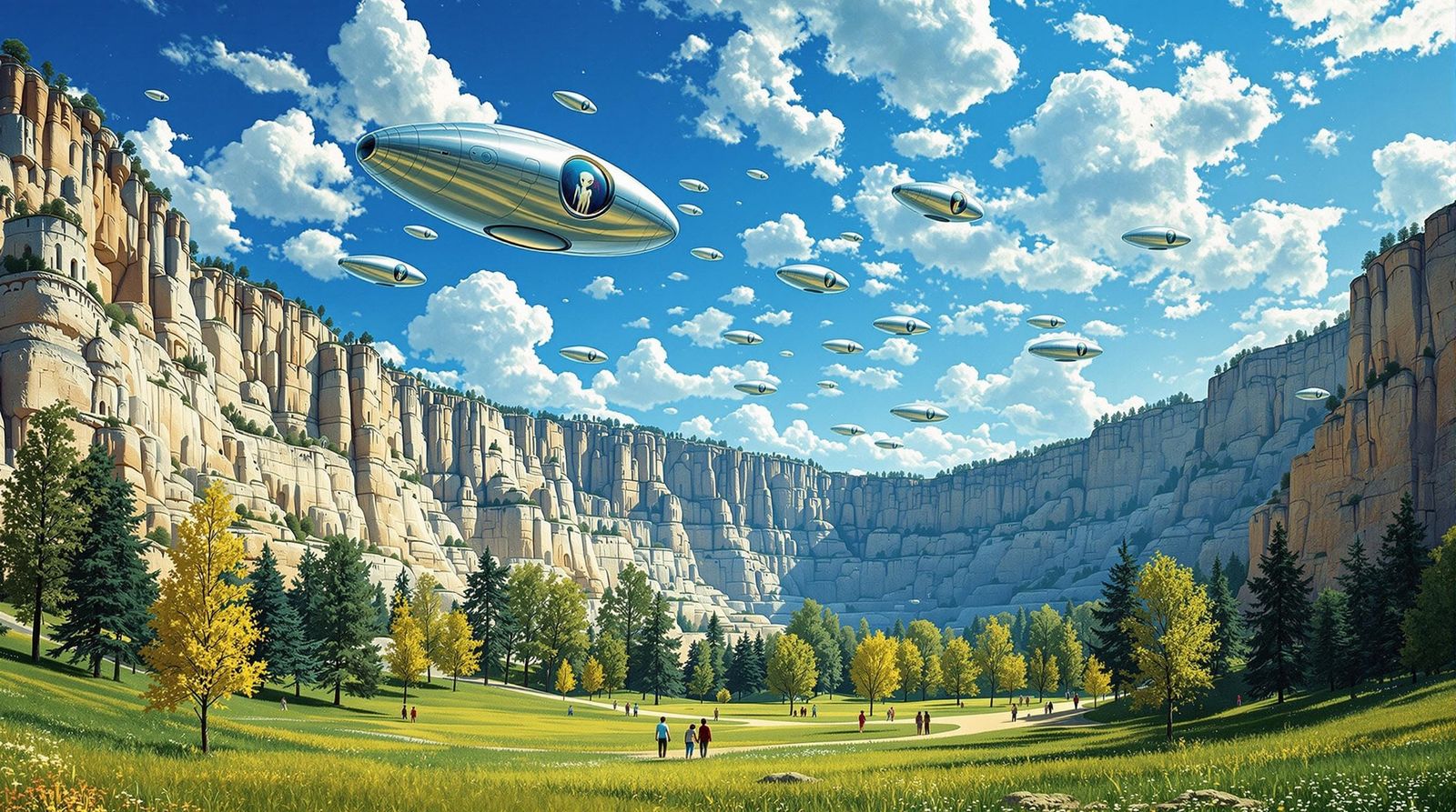 Park with Alien Ships, Klimt-inspired Illustration