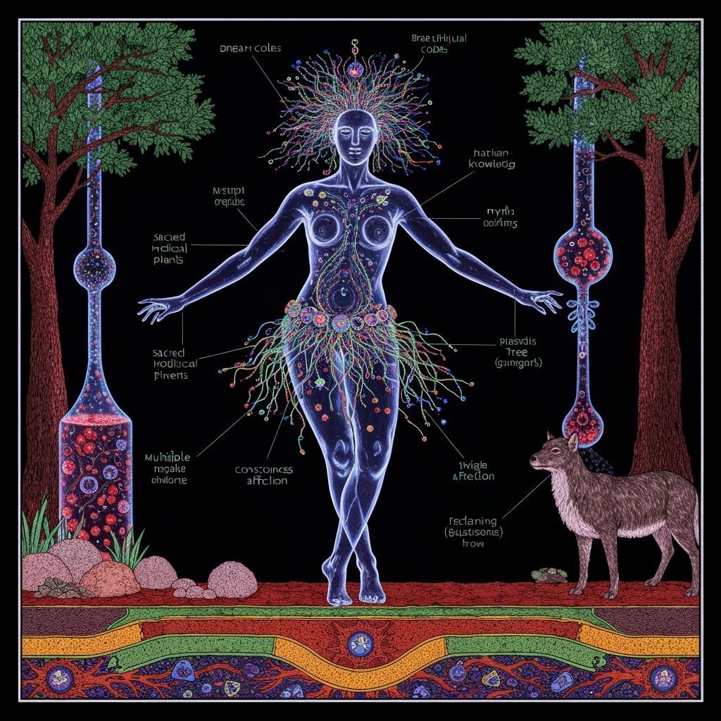 Bioluminescent Being Dances Amidst Cosmic Codes in Dream Pla...