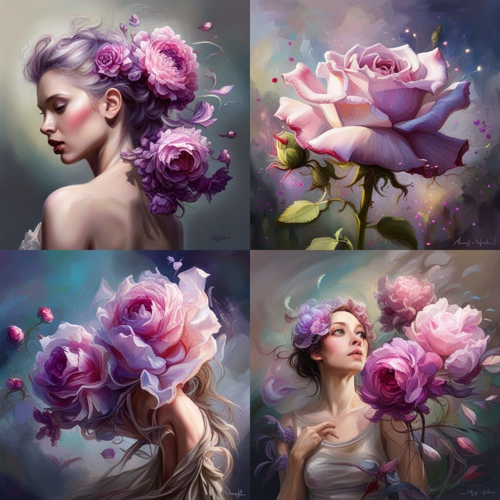 lavender roses, bright and iridescent sparkle flowers, sunshine, heavy strokes, paint dripping, bright lighting, Style R...