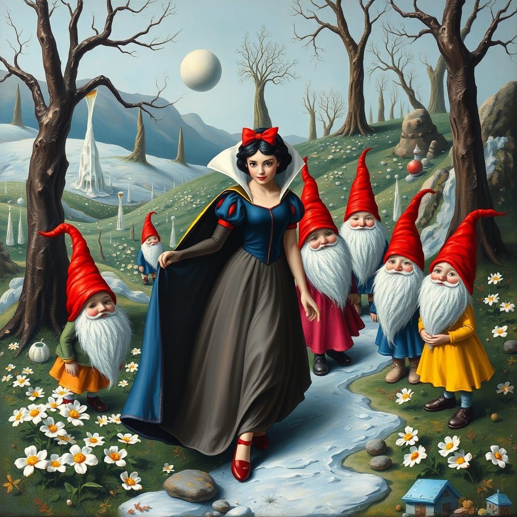 Snow White and Gnomes in Surreal Snowflower Forest