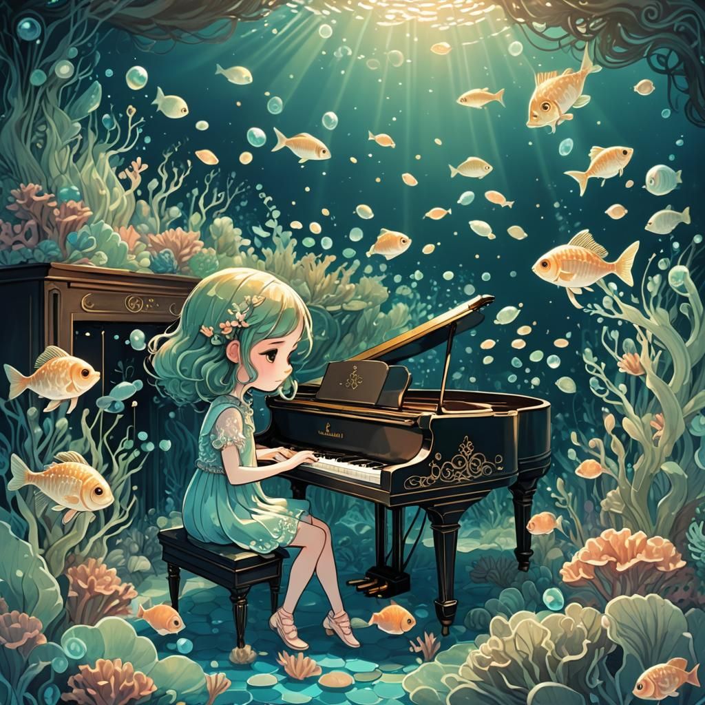 Chibi Blythe's Underwater Piano Concert in Comic Style