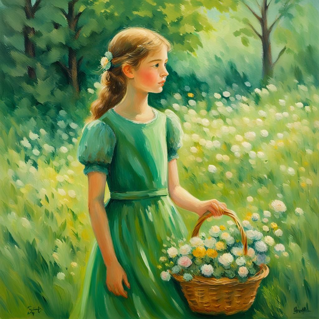 Girl Selling Flowers in Green Meadow: Impressionist Painting