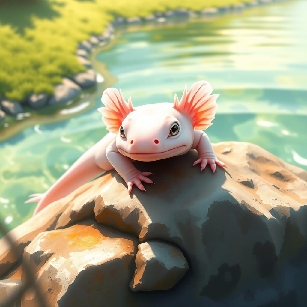 Pale Pink Axolotl Perched on Sun-Dappled Rock