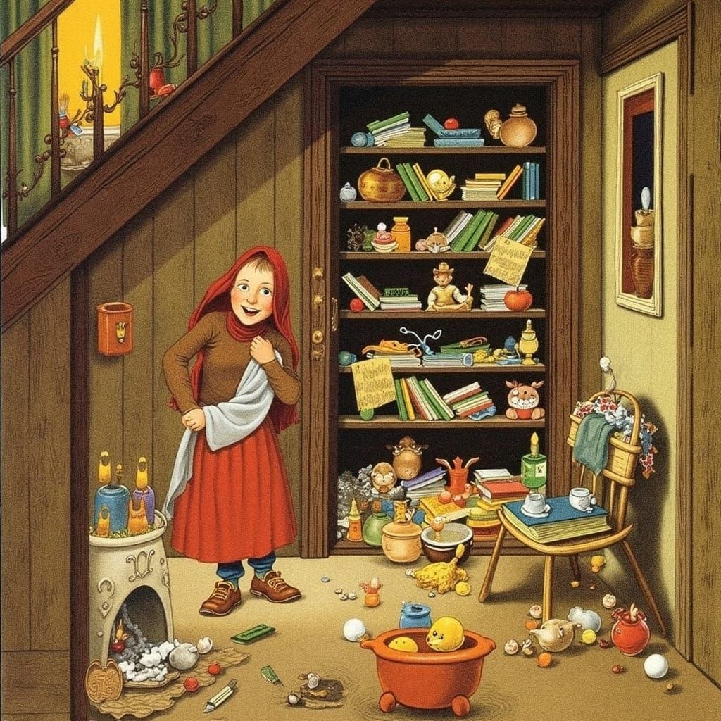 A child hiding out in a cupboard under the stairs. The cupboard is filled with books and toys. Maurice Sendak. ethereal ...