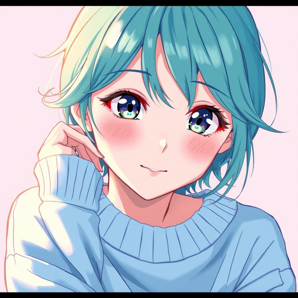 Teal-Haired Girl in Manga Style Sweater