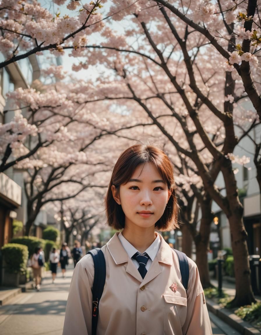 Japanese Schoolgirl Portrait in Tranquil Tokyo Street