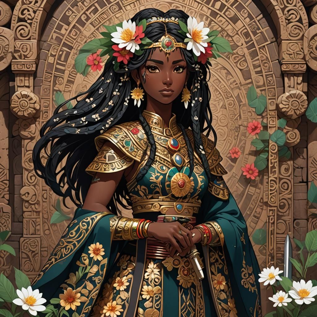 Latina Anime Girl with Obsidian Sword in Mayan Style