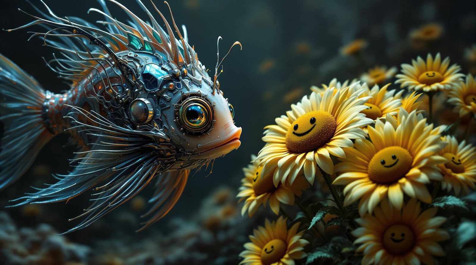 Mystical Fish Encounters Whimsical Daisies in a Dark, Surrea...