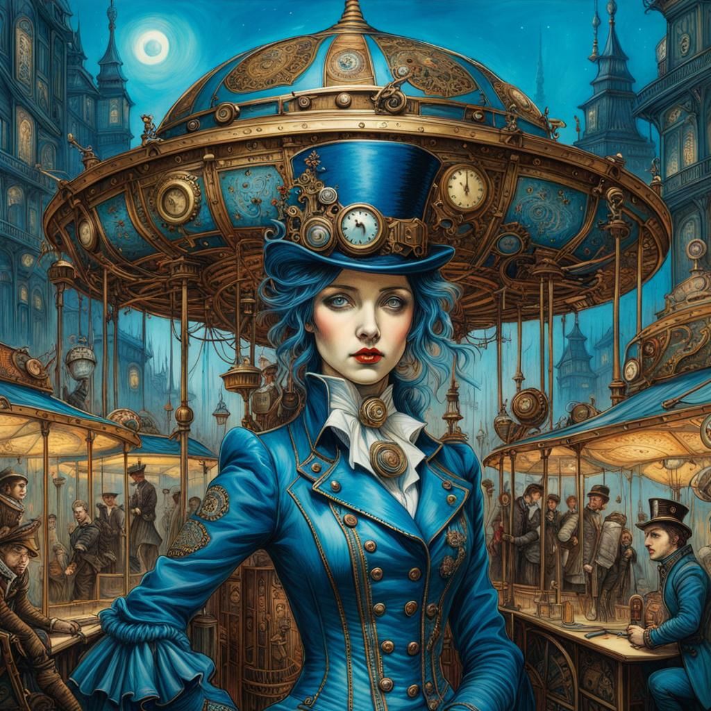 Steampunk Carousel Storybook Illustration in Enamelled Metal