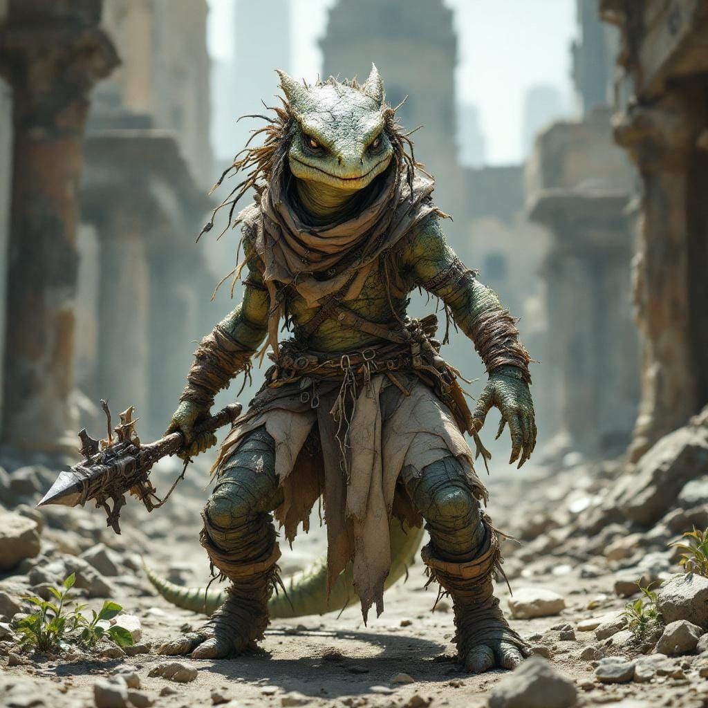 Post-Apocalyptic Reptile Warrior in Ruined City