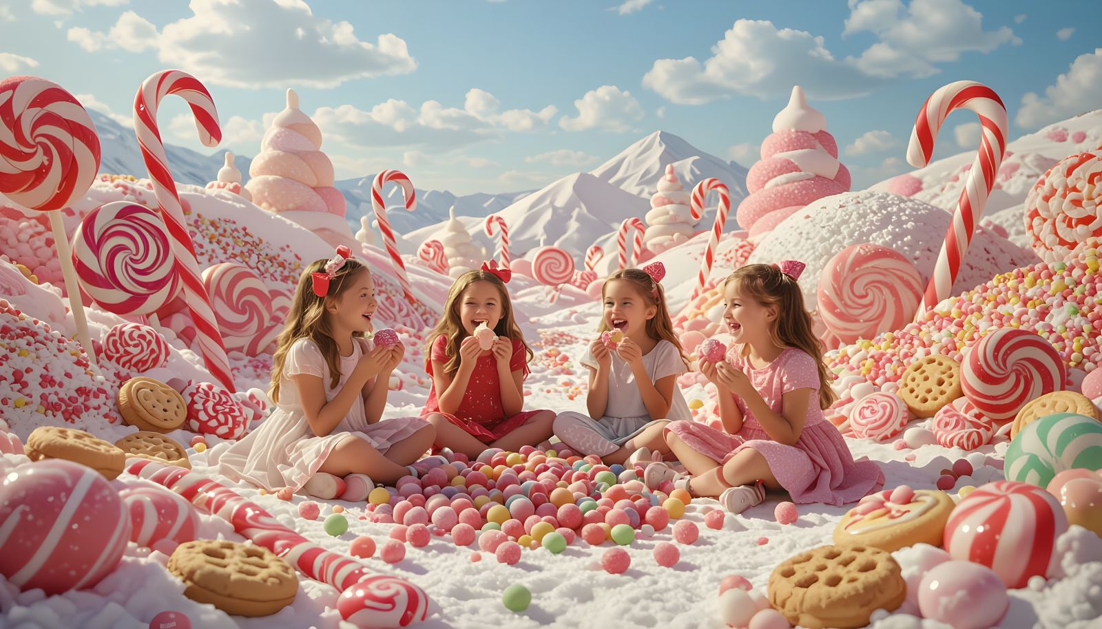 Joyful Girls in a Whimsical Candy Wonderland