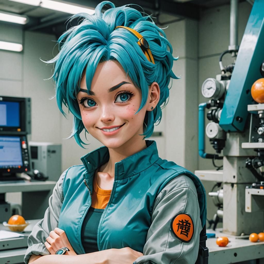 Bulma from Dragon Ball. Bulma is a woman with bright blue hair and large eyes. She wears modern and stylish clothing tha...