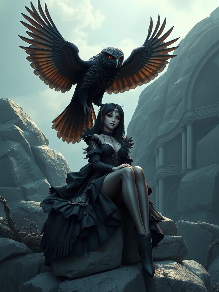 Gothic Girl with Owl Perched on Head in 3D Anime Style