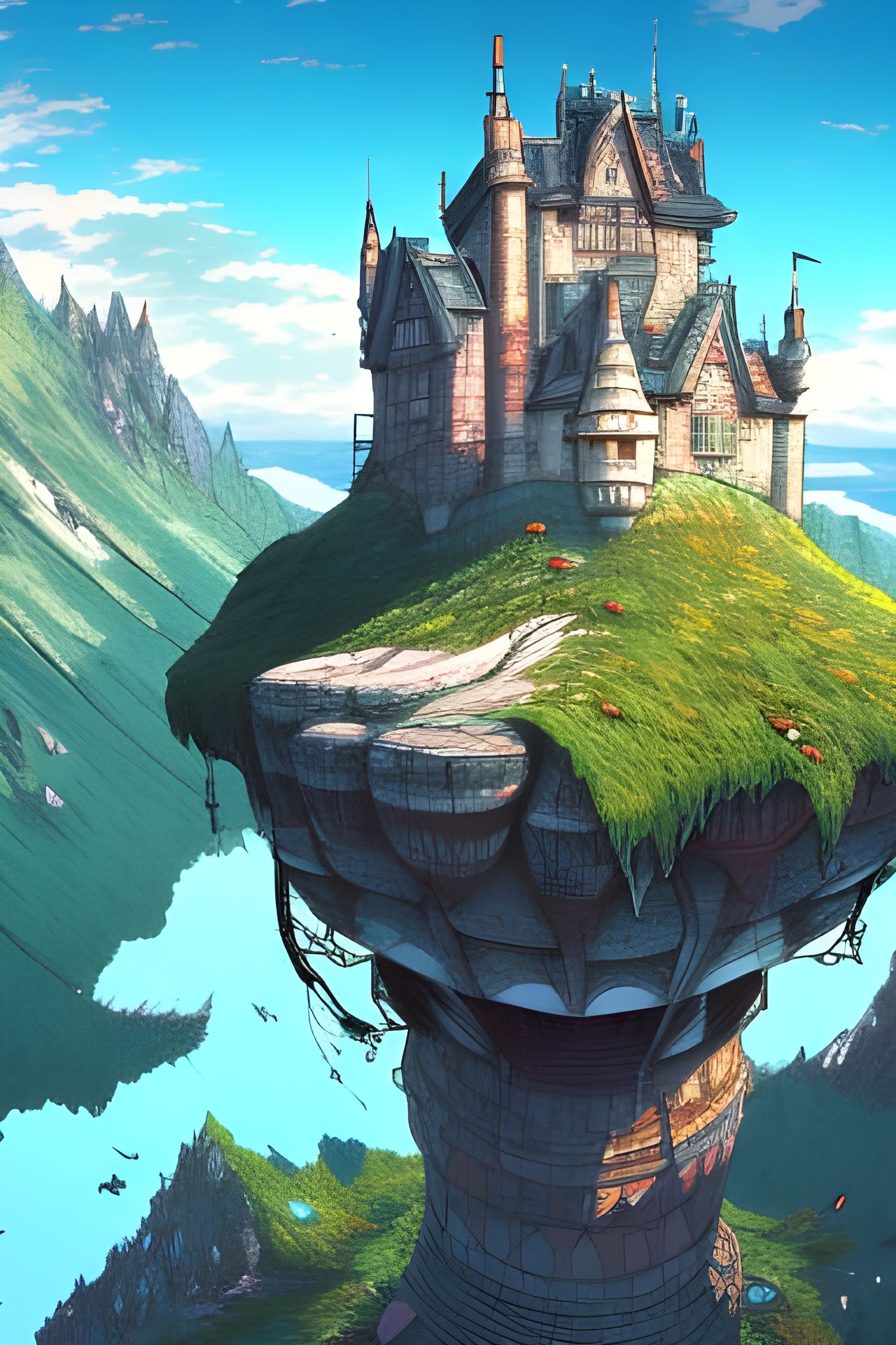 Mountain Castle Lakeside Digital Art with Dragon