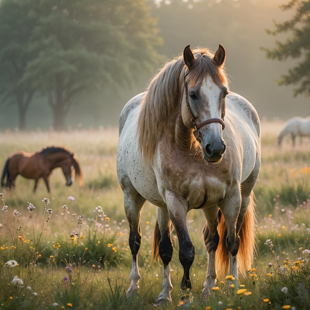 Percheron Horse Portrait in Misty Meadow