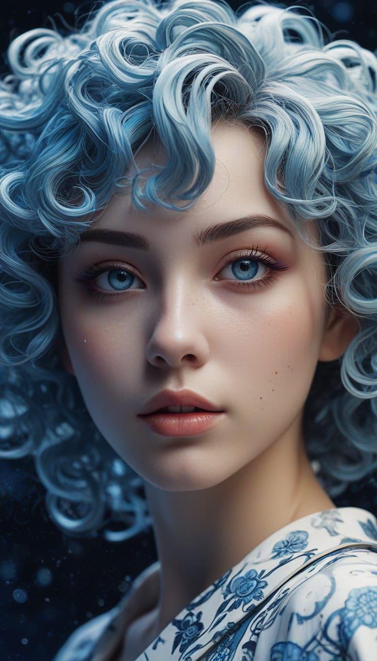 Retro Anime Woman with Cosmic Backdrop in Surreal Style