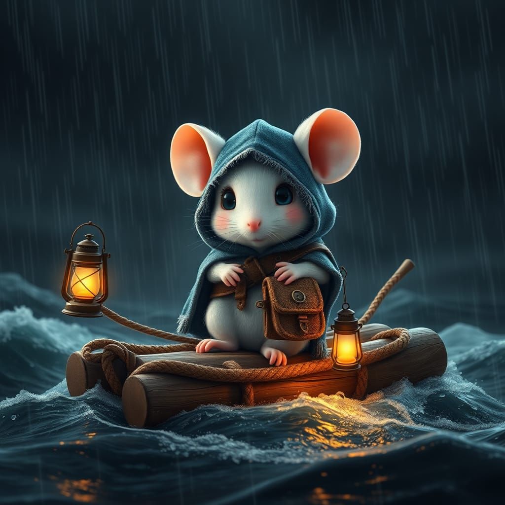 Mouse on Raft Navigates Stormy Sea