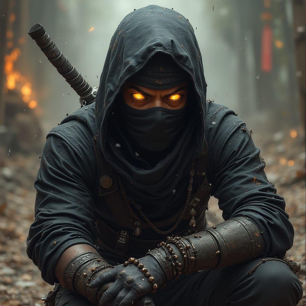 Anime Ninja with Glowing Eyes in Dynamic Pose