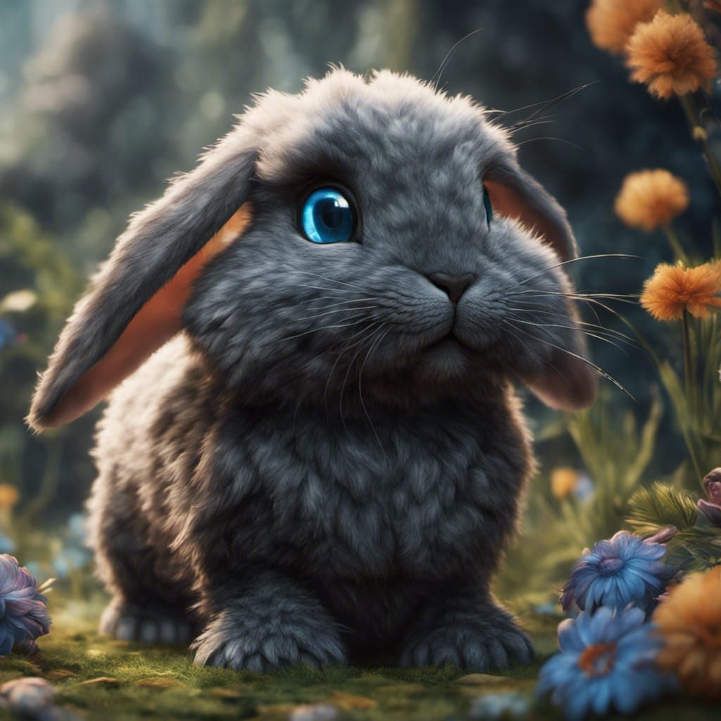 Black Fluffy Bunny with Blue Eyes, Detailed Matte Painting