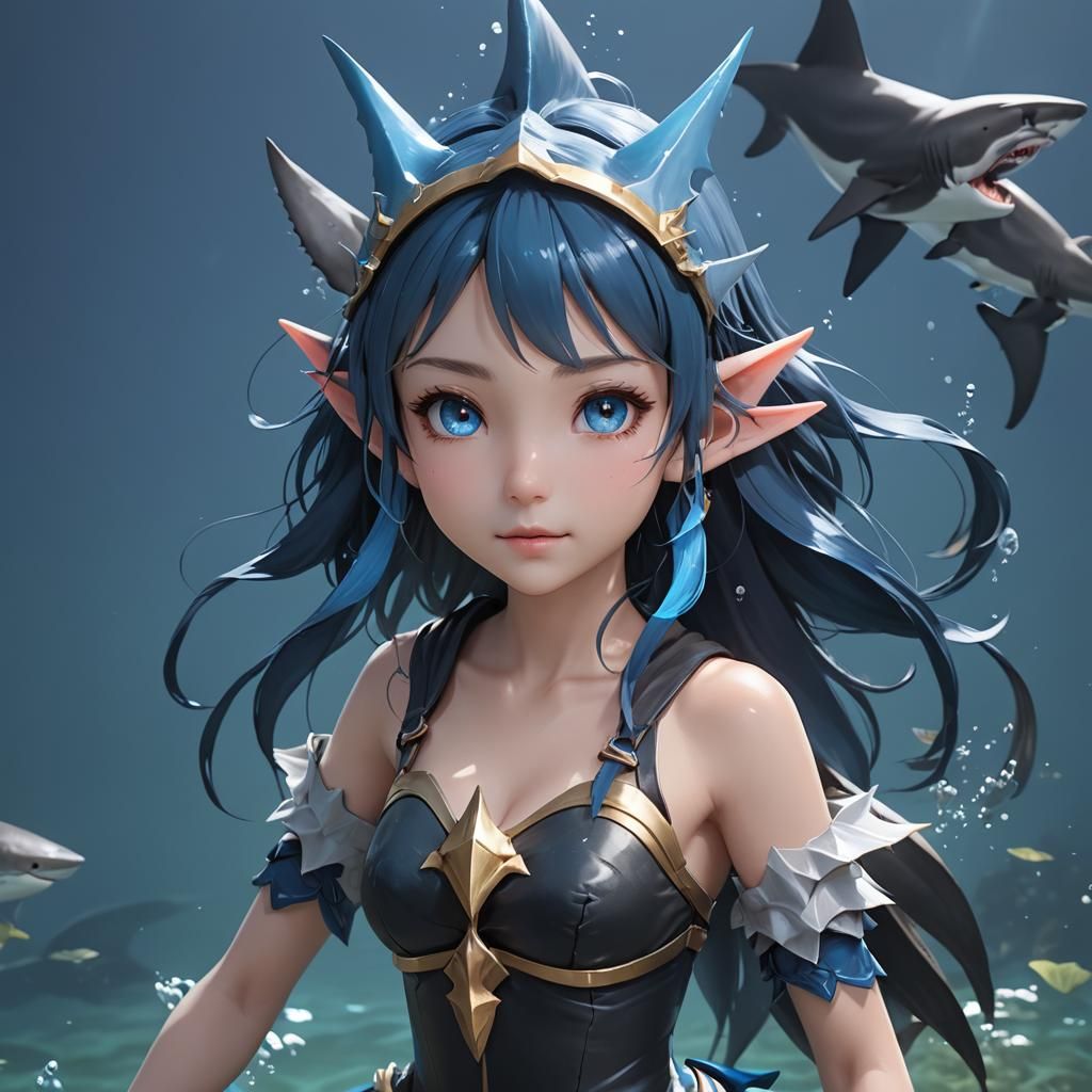 Water Elf Girl with Shark Fin in 3D Anime Style