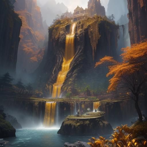 Fantastical Golden Waterfall Concept Art