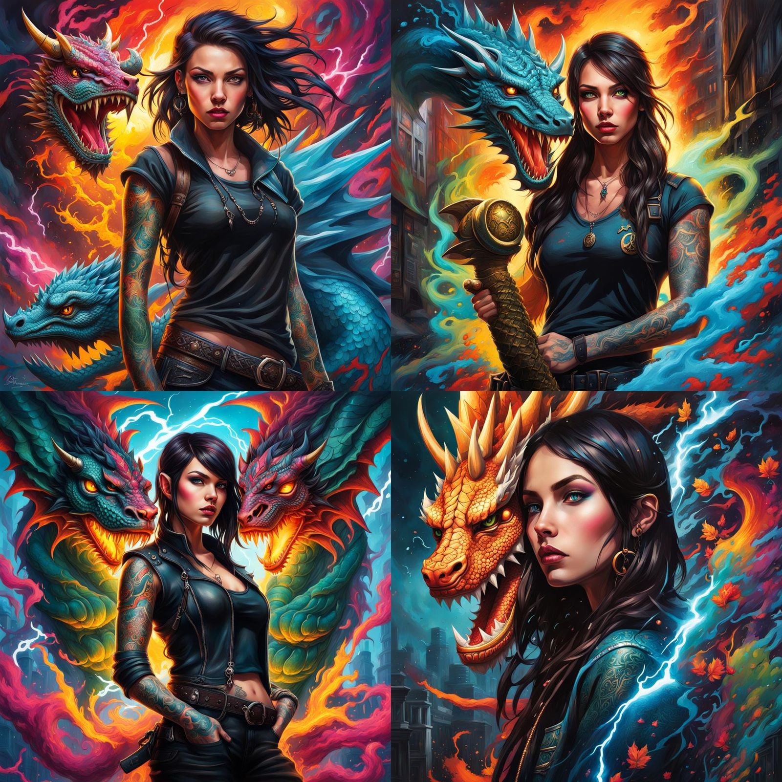 Tattooed Girl with Dragon Companion in Graffiti Art