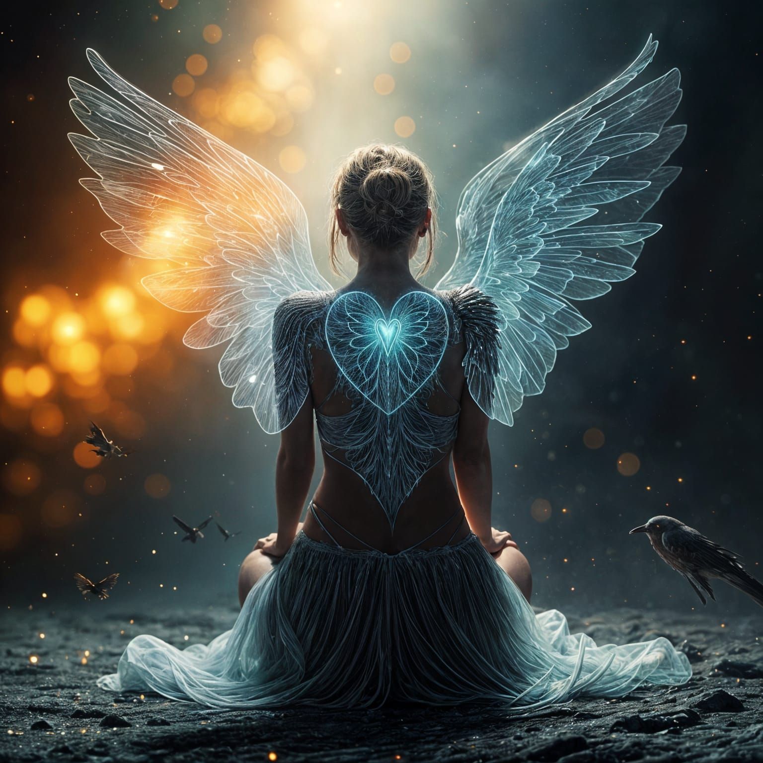 Mysterious Woman with Translucent Wings in Space