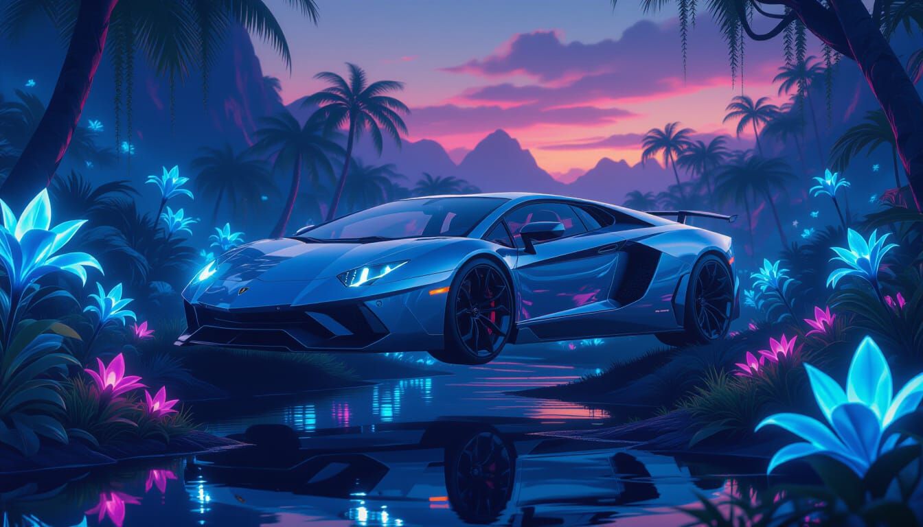 Futuristic Lamborghini Hovers Over Alien Jungle