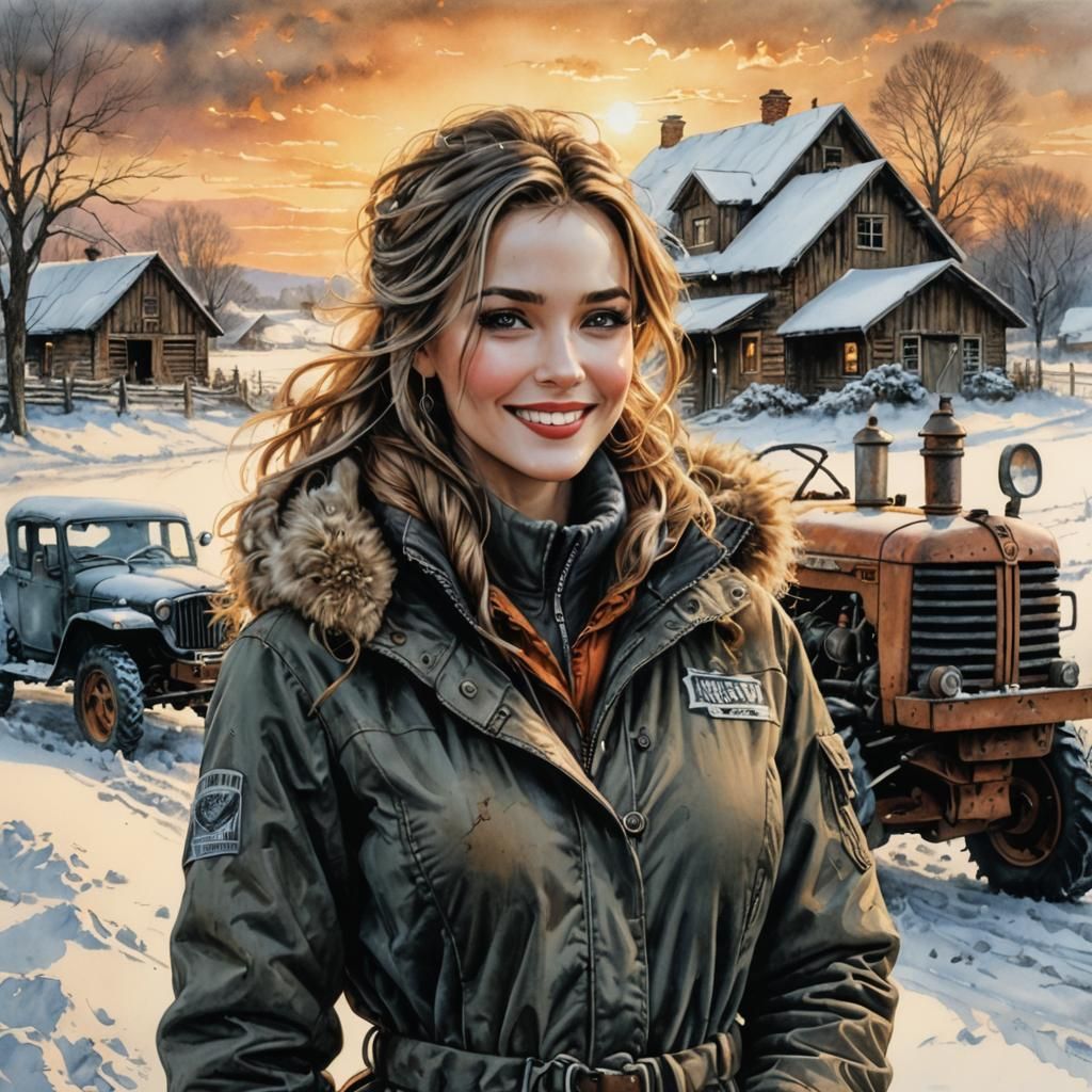 Curvaceous Beauty in Winter Landscape, Mixed Media Art