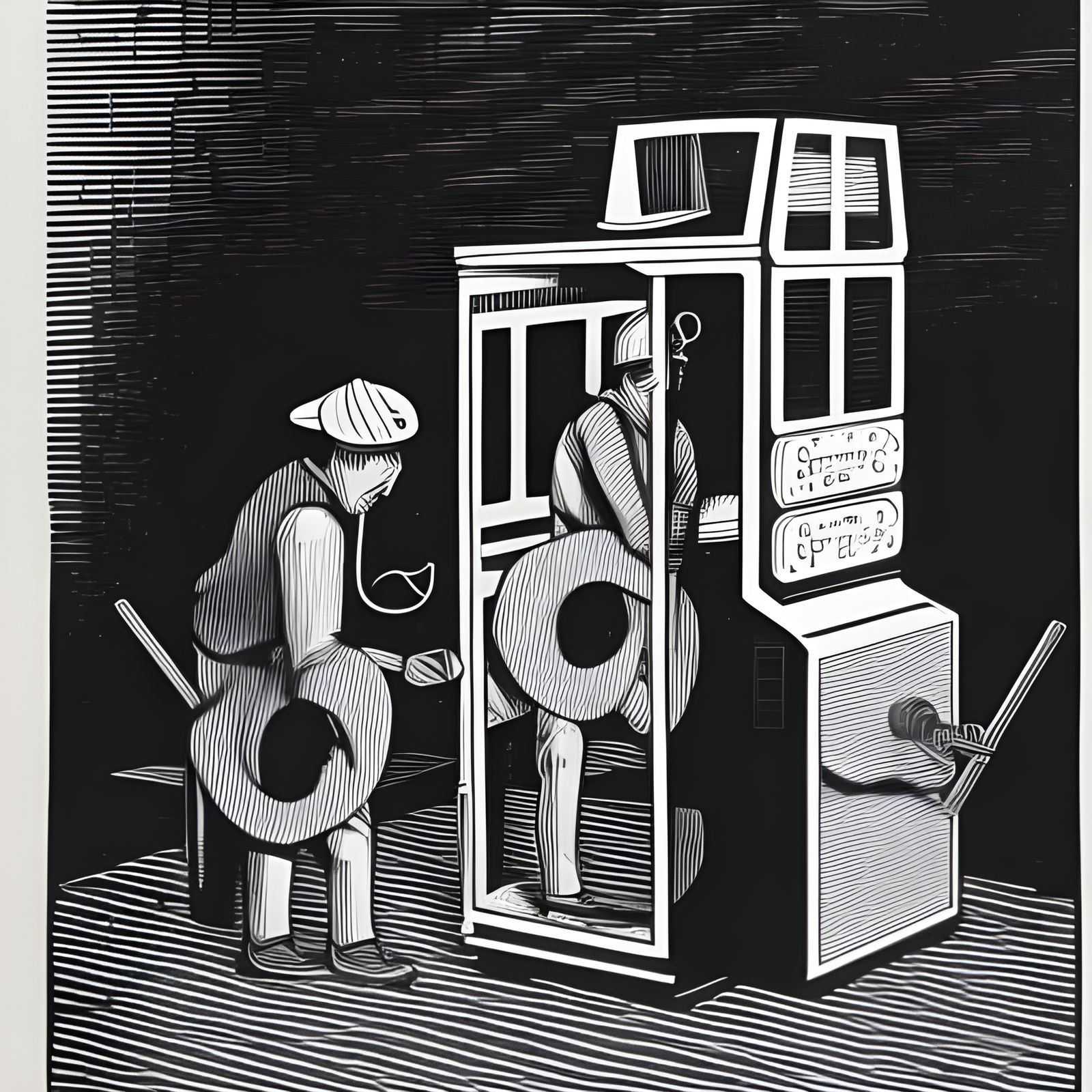 Checkered Workers Inside an Arcade Machine