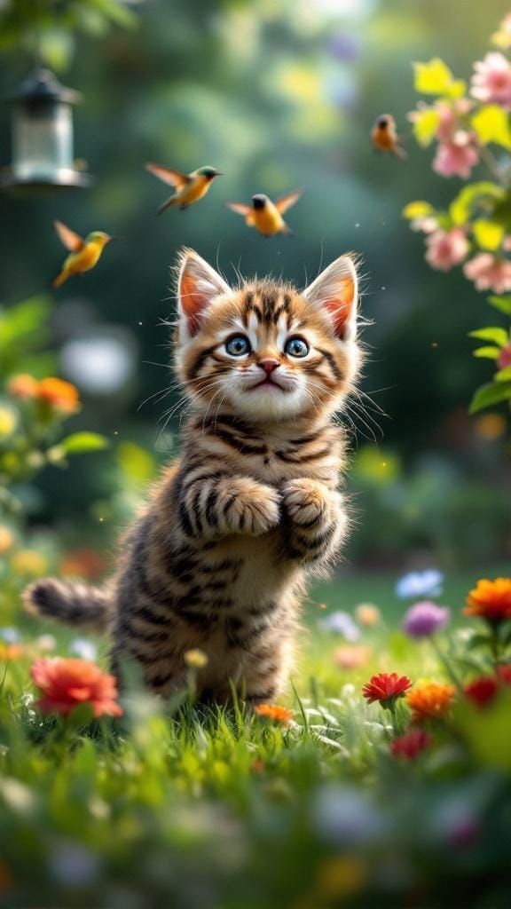 Bengal Kitten and Cardinal Playdate in Lush Garden