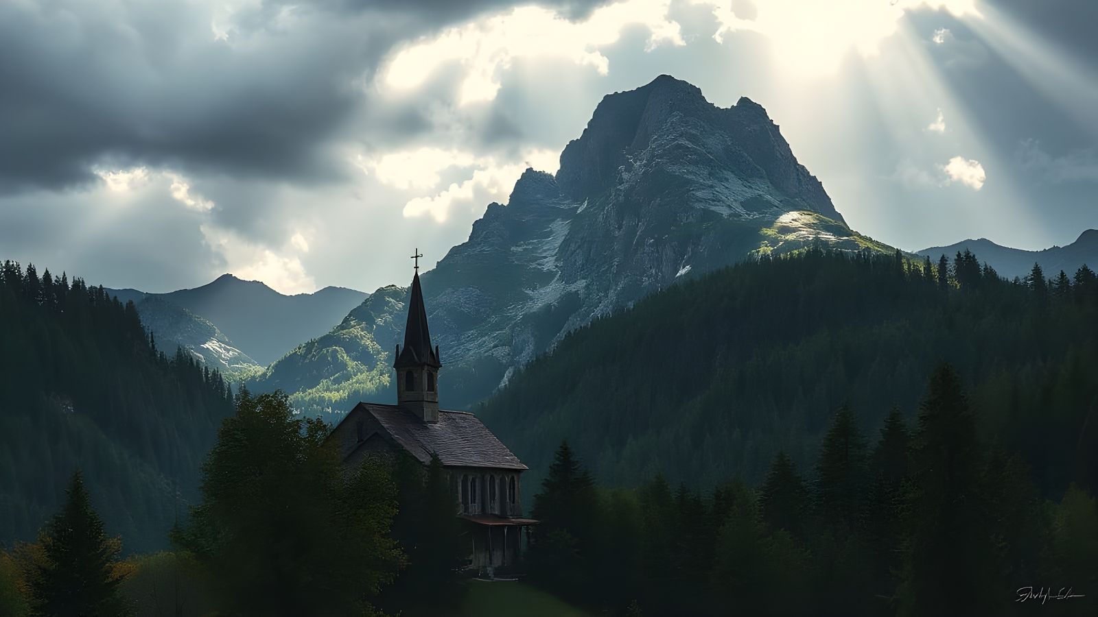 Black Forest Mountain Landscape Painting with Church
