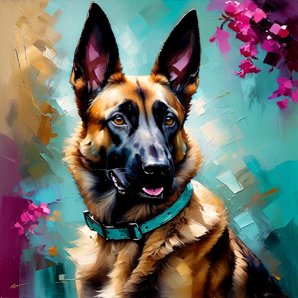 Belgian Malinois in Golden Oil Painting