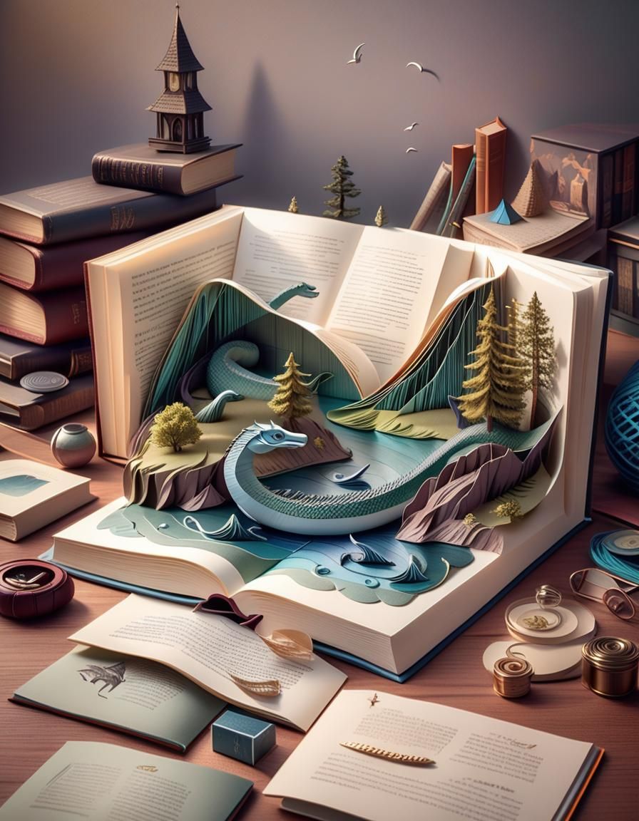 Loch Ness Monster Emerges from Book, Papercraft Style
