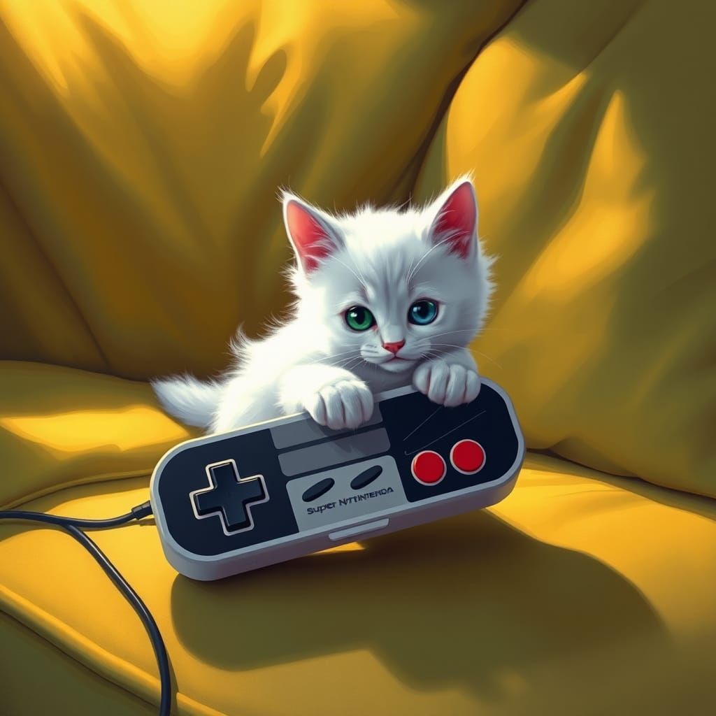 Kitten Plays Nintendo Controller in Retro Style