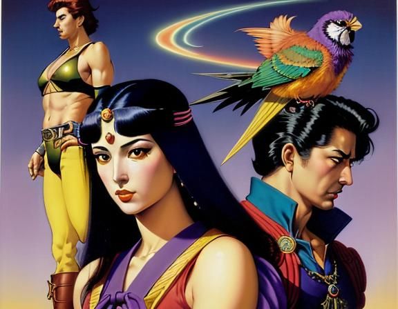 Cosplayer with Sword and Bird, in Comic Art Style