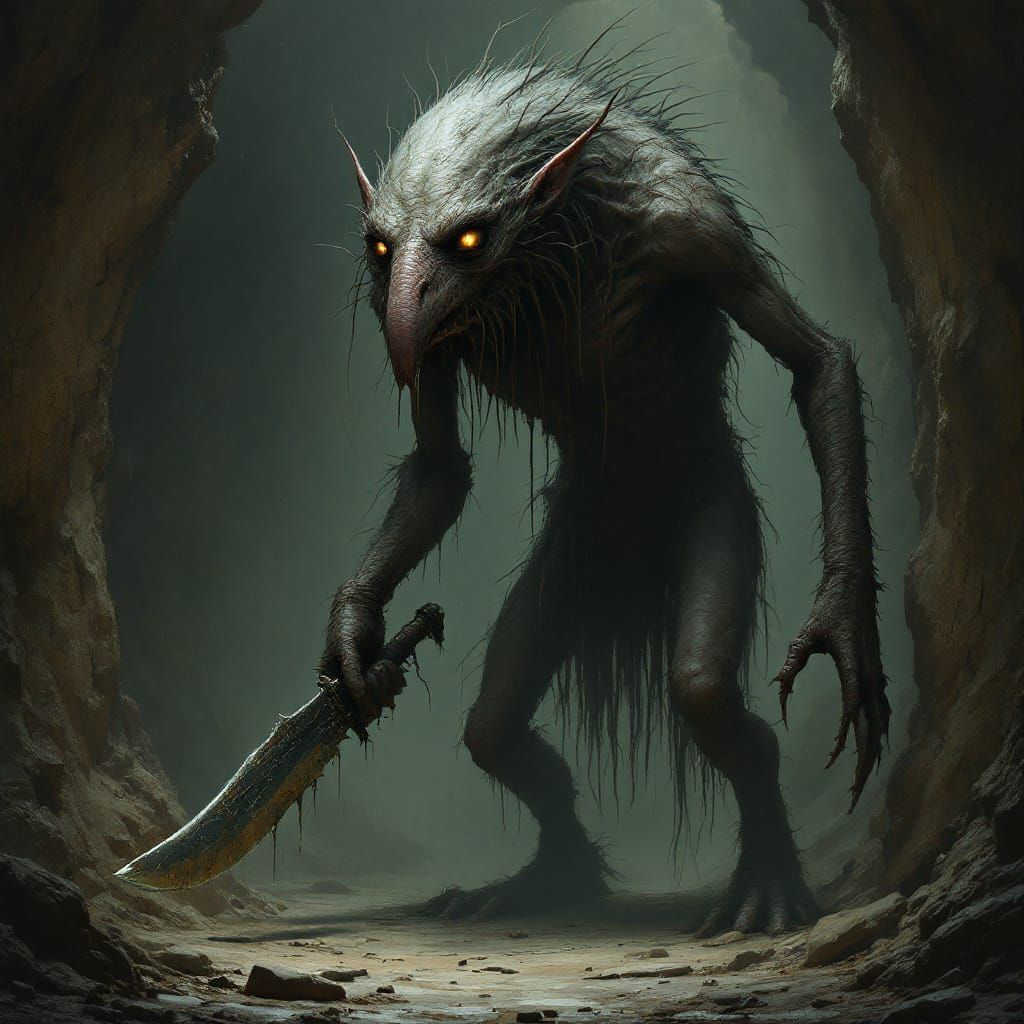 Gaunt Goblin-Mole Hybrid in Dark Tunnel