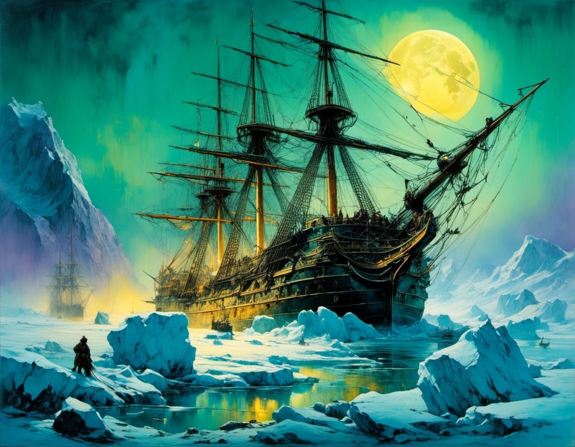 HMS Terror Surrounded by Ice with Moonlight