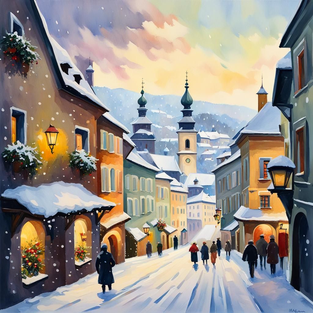 Winter Snowfall in Austrian Town as Gouache Painting