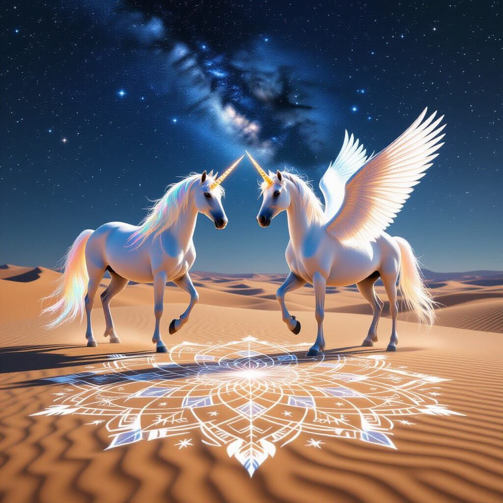 Mythic Unicorn Pegasus Union Under Starry Desert Sky