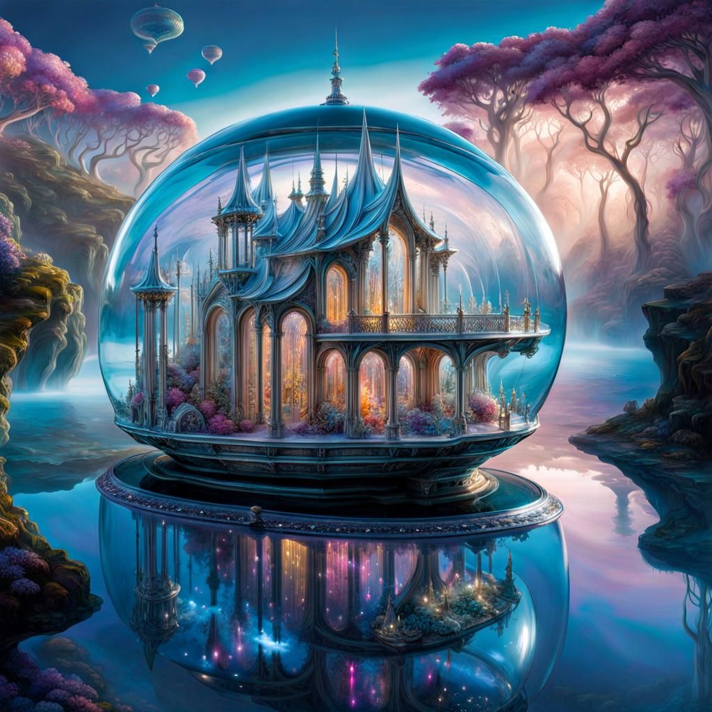 Transparent Glass Starship in Dreamy Landscape