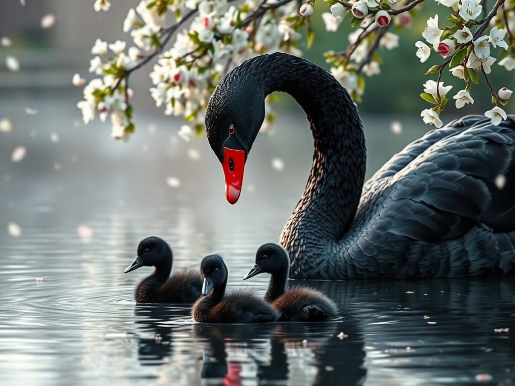 Majestic Black Swan and Cygnets Amidst Apple Blossoms