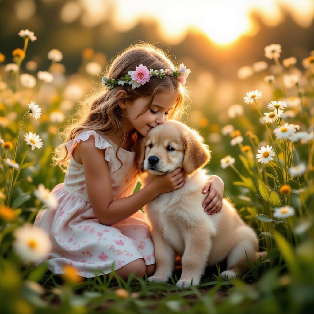 Golden Retriever Puppy Cuddled in Blooming Garden at Sunrise