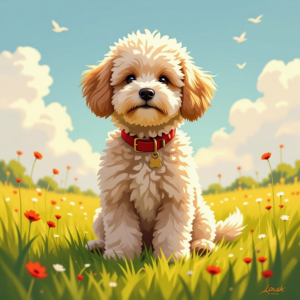 Dog in Field: Vibrant Art Style